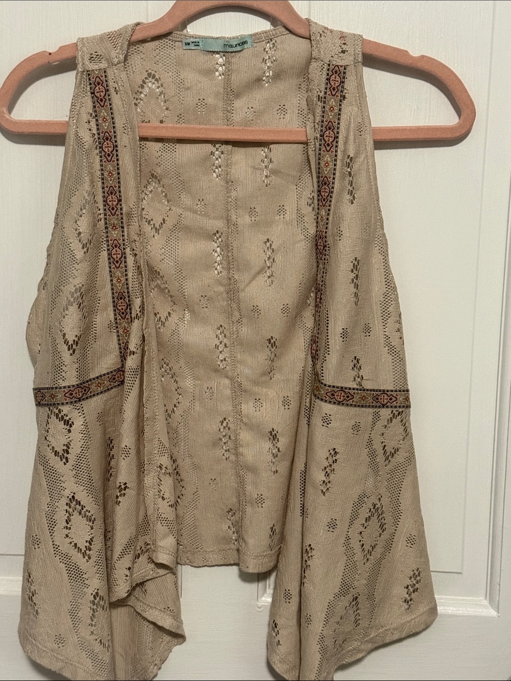 Maurices Beige Crochet Vest with Embroidered Trim